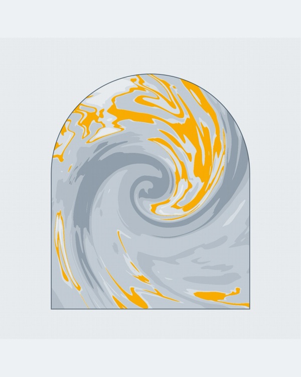 Grey-blue swirl inside an arch with a saffron ribbon, modern arch wall art