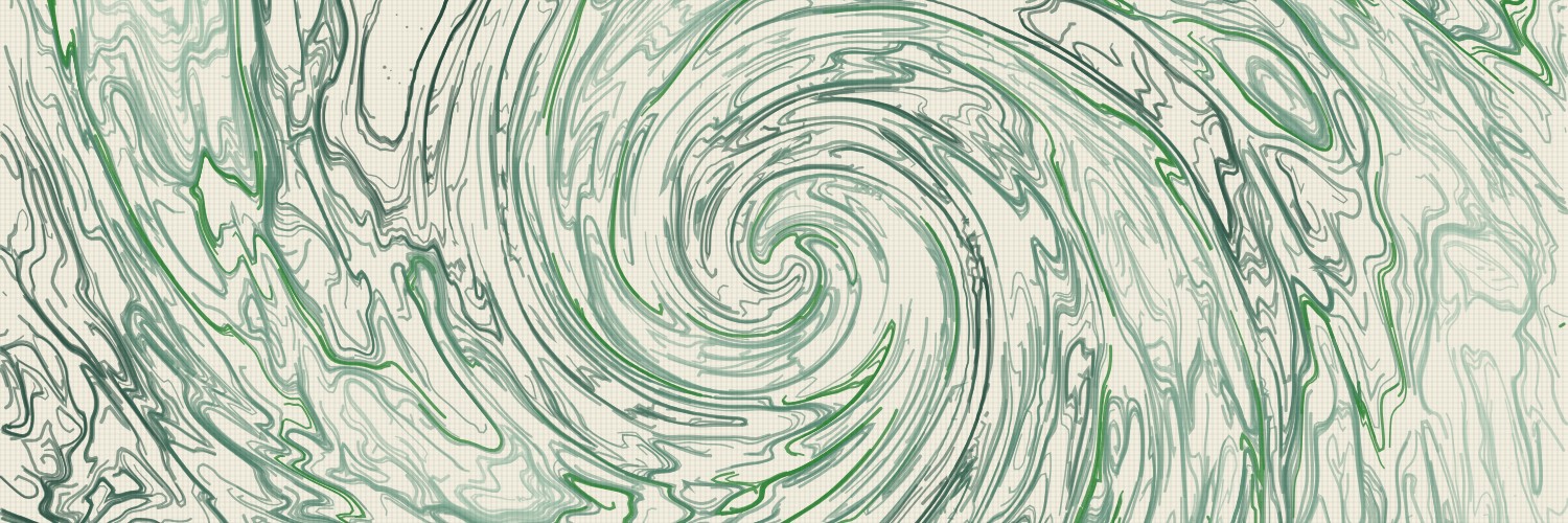 A jade vortex of marbled lines on cream, grown from the words “memento mori”